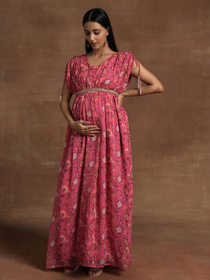Buy Pink Floral Maternity Gown with Ruched Sleeves Buy Pink Floral Maternity Gown with Ruched Sleeves