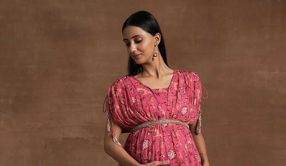 strapless open back dress Buy Pink Floral Maternity Gown with Ruched Sleeves