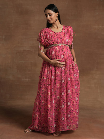 Buy Pink Floral Maternity Gown with Ruched Sleeves Buy Pink Floral Maternity Gown with Ruched Sleeves