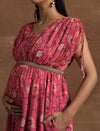 Pink Floral Maternity Gown with Ruched Sleeves
