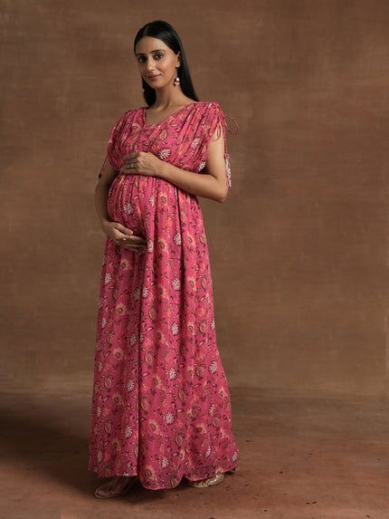 Pink Floral Maternity Gown with Ruched Sleeves Pink XS