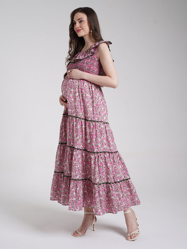 Pink Floral Maternity Maxi Dress