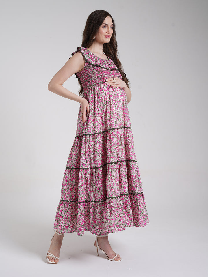 Pink Floral Maternity Maxi Dress