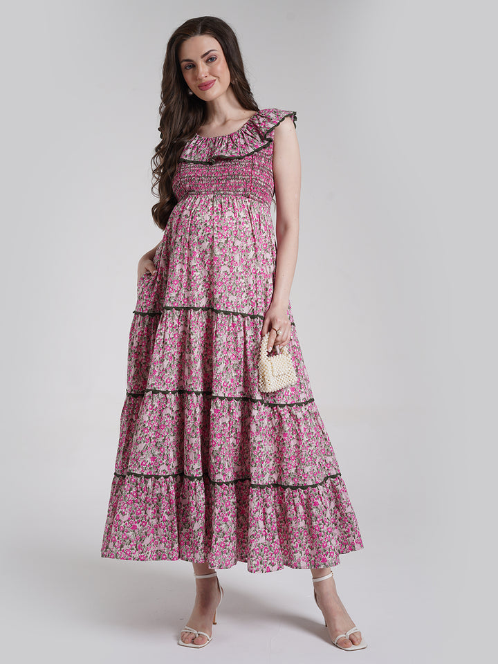 Pink Floral Maternity Maxi Dress