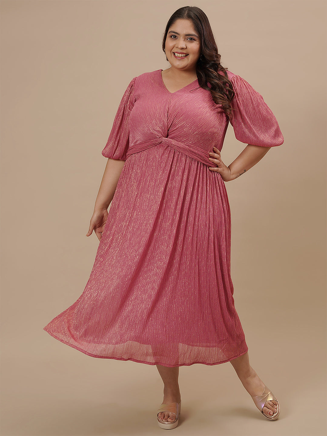 Pink Front Knot Plus Size Party Dress Pink L