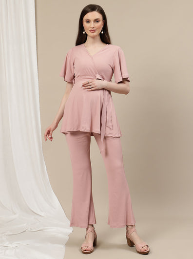 Maternity Ribbed Knit Co-ord Set- Pink