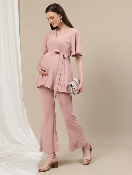Maternity Ribbed Knit Co-ord Set- Pink