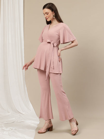 Maternity Ribbed Knit Co-ord Set- Pink
