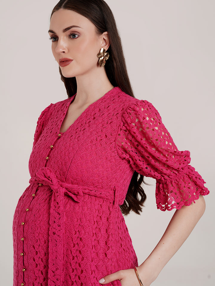 Pink Lace Maternity Long Dress