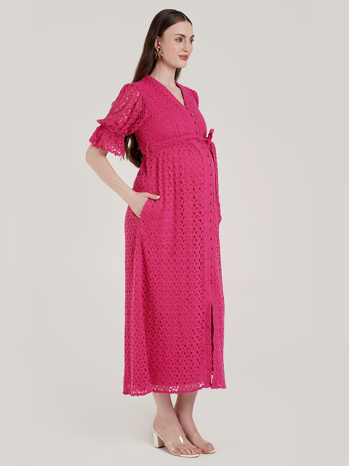 Pink Lace Maternity Long Dress