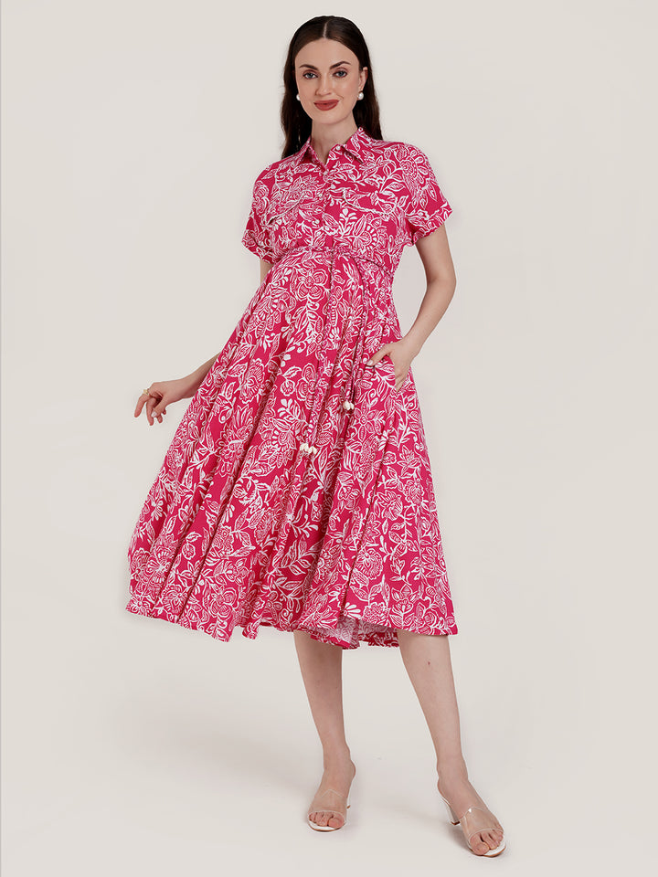 Pink Maternity Button Down Shirt Dress