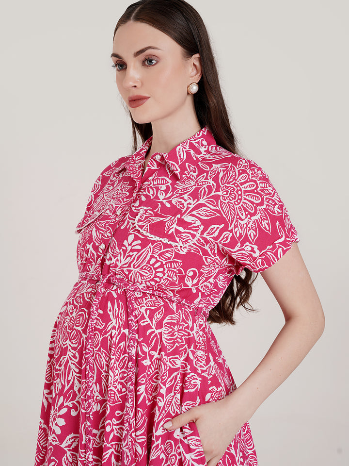 Pink Maternity Button Down Shirt Dress