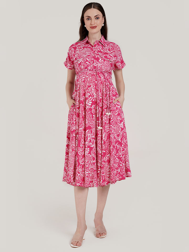 Pink Maternity Button Down Shirt Dress