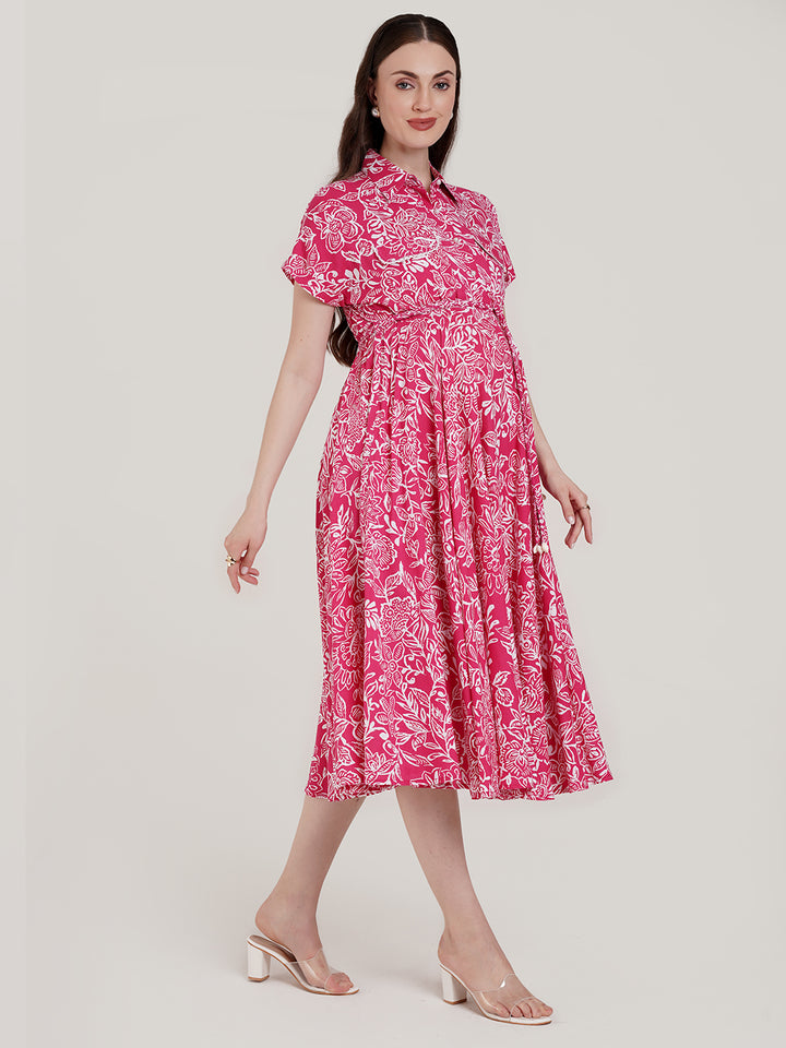 Pink Maternity Button Down Shirt Dress