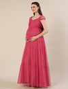 Pink Maternity Tulle Cap Sleeve Party Gown