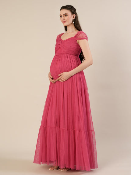 Pink Maternity Tulle Cap Sleeve Party Gown