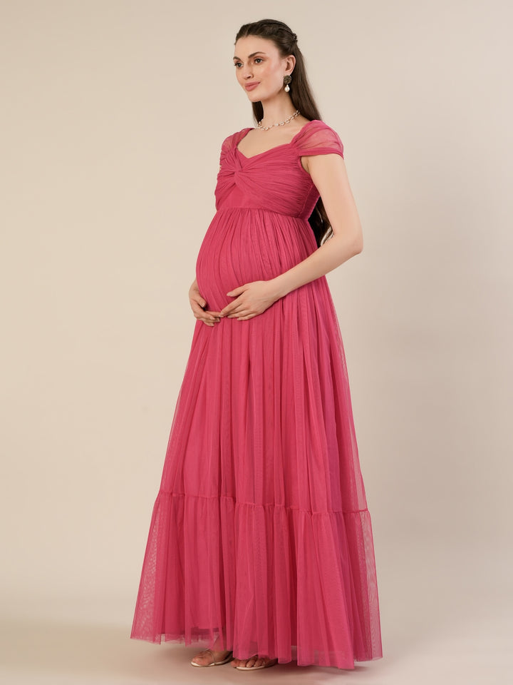 Pink Maternity Tulle Cap Sleeve Party Gown