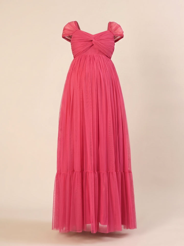 Pink Maternity Tulle Cap Sleeve Party Gown