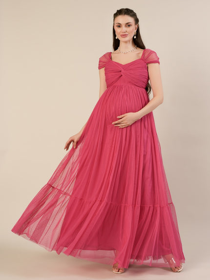 Pink Maternity Tulle Cap Sleeve Party Gown