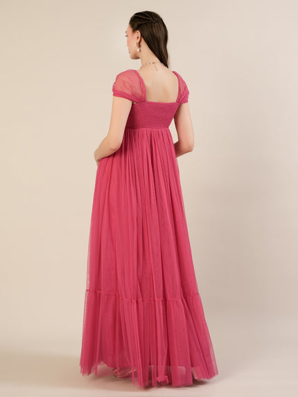 Pink Maternity Tulle Cap Sleeve Party Gown