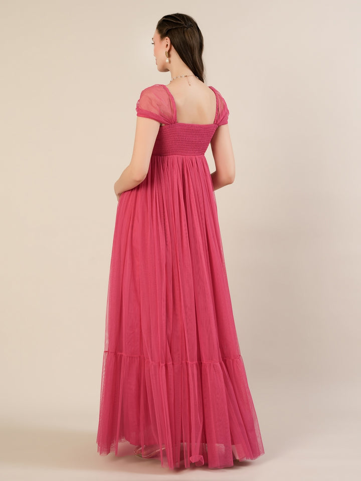 Pink Maternity Tulle Cap Sleeve Party Gown