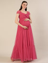 Pink Maternity Tulle Cap Sleeve Party Gown