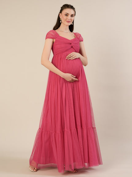Pink Maternity Tulle Cap Sleeve Party Gown
