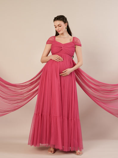 2-in-1 Pink Maternity Photoshoot Gown with Detachable Train