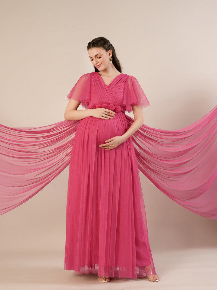 Pink Maternity Maxi Formal Gown with Detachable Train