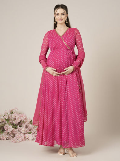 Pink Bandhani Maternity & Nursing Anarkali Gown with Dupatta