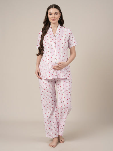 Pink Cotton Printed Maternity & Nursing Night Suit