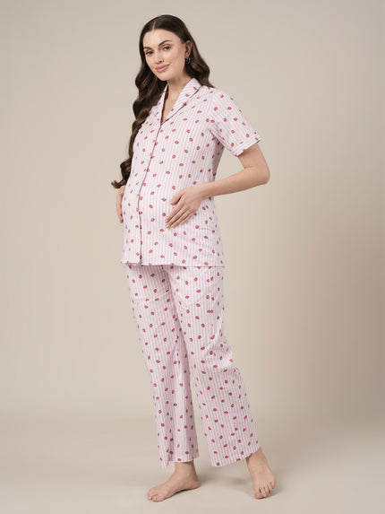 Pink Cotton Printed Maternity & Nursing Night Suit