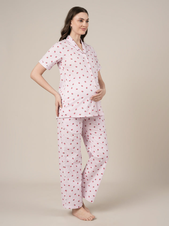 Pink Cotton Printed Maternity & Nursing Night Suit