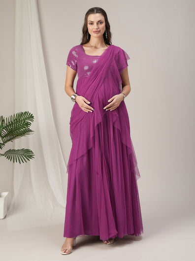Pink Ruffled Maternity Flared Saree Dress