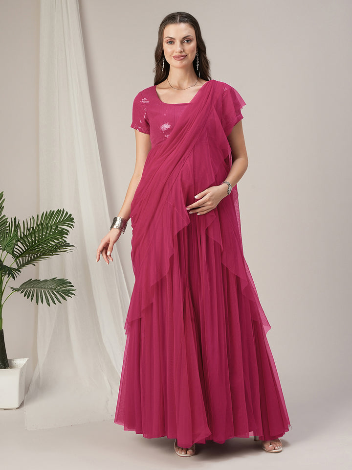 Pink Ruffled Maternity Pre Drapred Saree Gown
