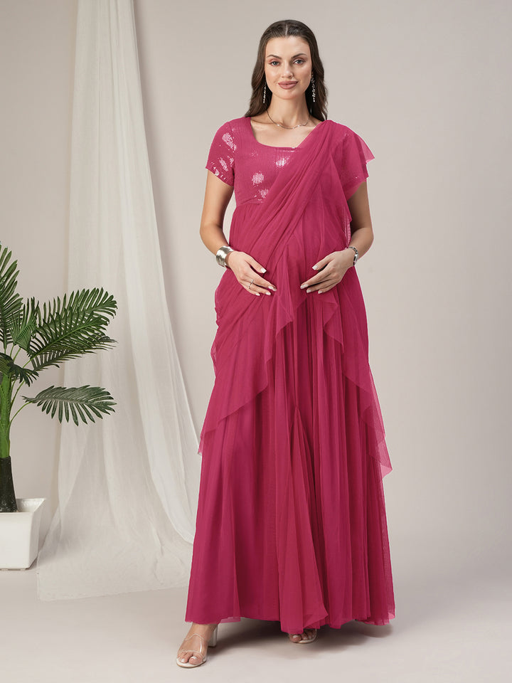 Pink Ruffled Maternity Pre Drapred Saree Gown