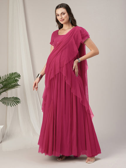 Pink Ruffled Maternity Pre Drapred Saree Gown