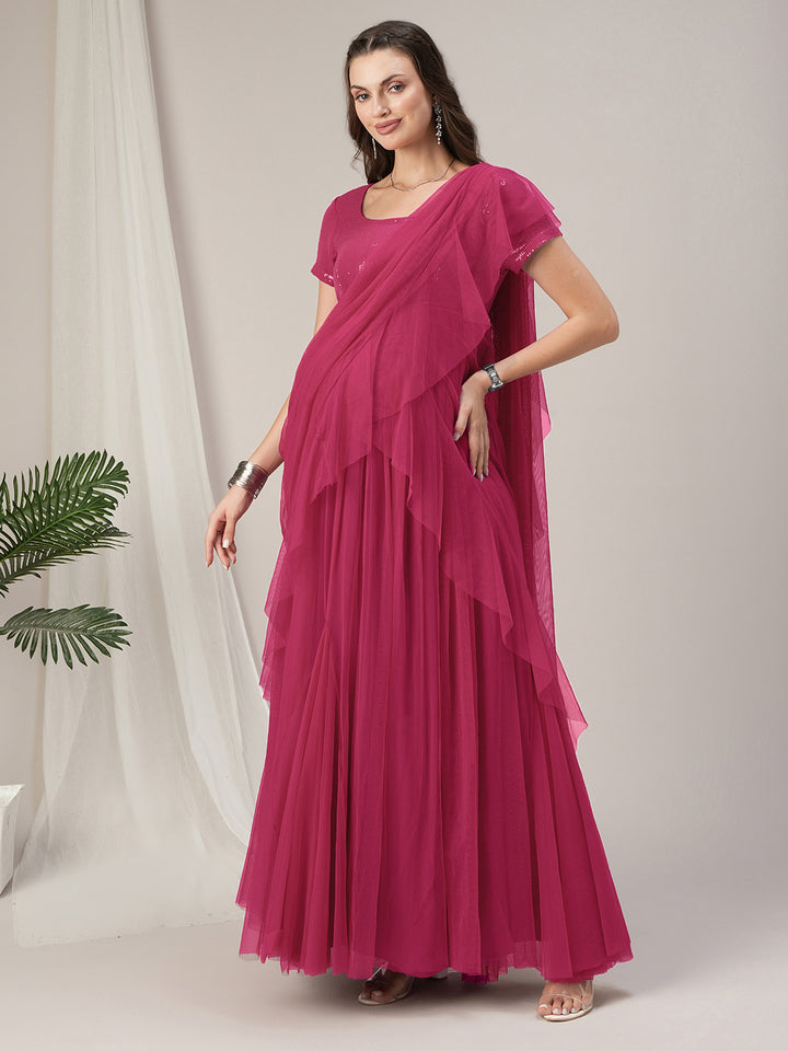 Pink Ruffled Maternity Pre Drapred Saree Gown