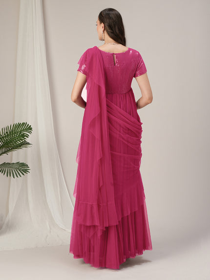 Pink Ruffled Maternity Pre Drapred Saree Gown