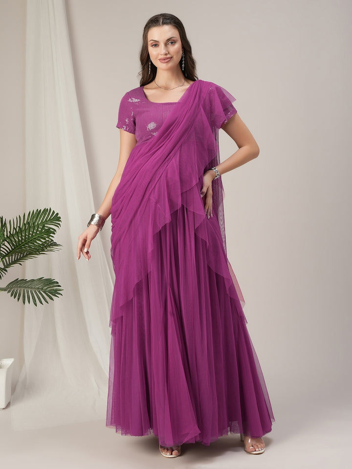 Pink Ruffled Maternity Flared Saree Dress