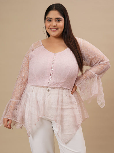 Plus-size woman in front view wearing Pink Plus Size Lace Shirt with full sleeves and delicate lace finish