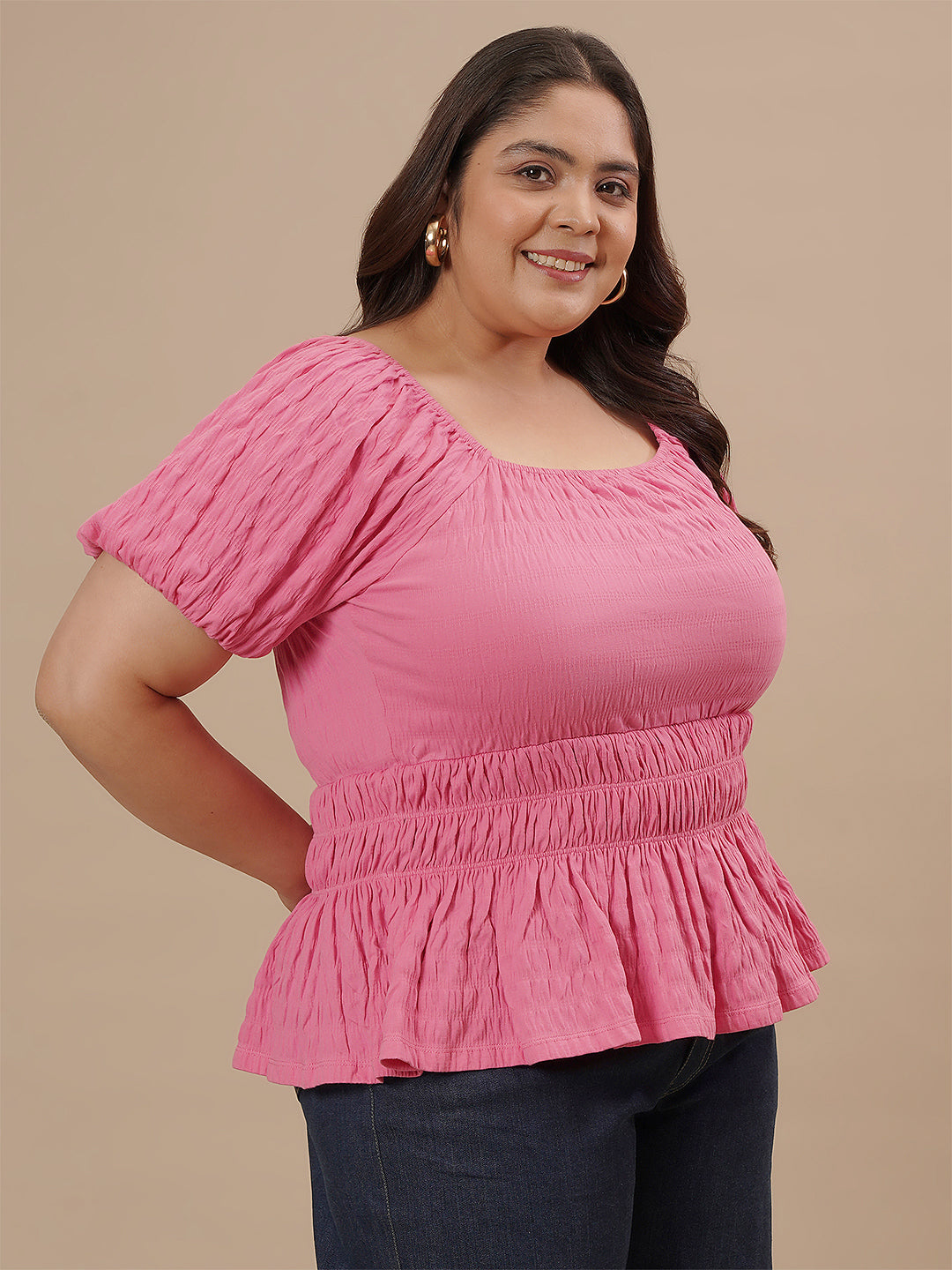 Pink Plus Size Ruched Fitted Top - Main Image