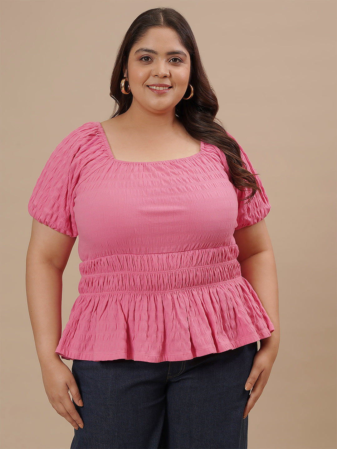 Pink Plus Size Ruched Fitted Top