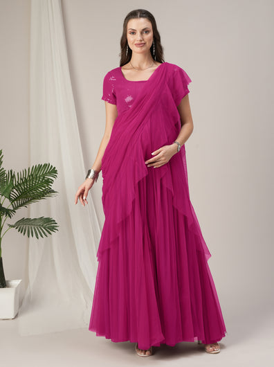 Pink Ruffled Maternity Pre Drapred Saree Gown