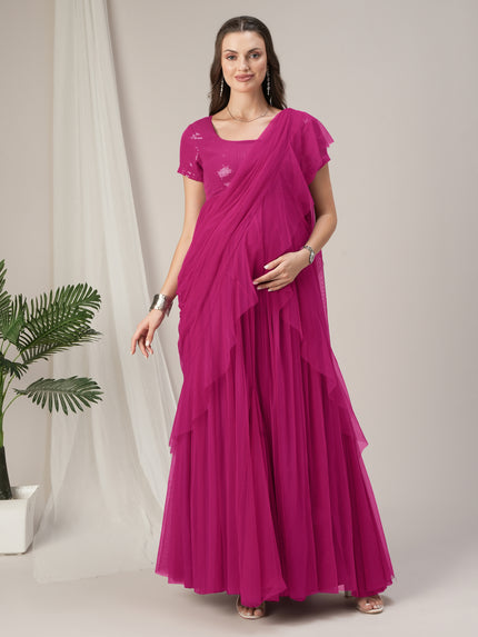 Pink Ruffled Maternity Pre Drapred Saree Gown