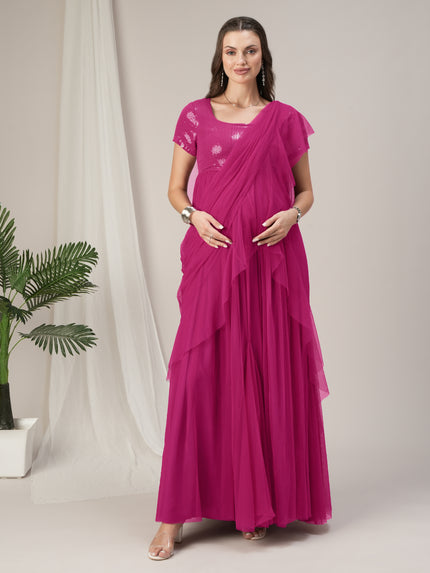 Pink Ruffled Maternity Pre Drapred Saree Gown