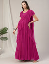 Pink Ruffled Maternity Pre Drapred Saree Gown