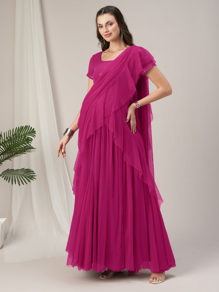 Pink Ruffled Maternity Pre Drapred Saree Gown