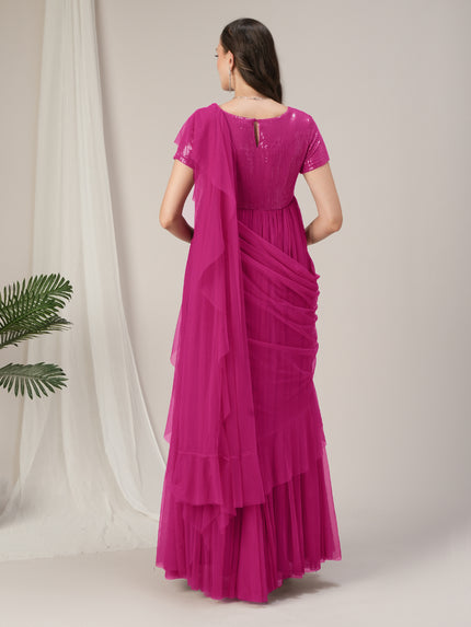 Pink Ruffled Maternity Pre Drapred Saree Gown