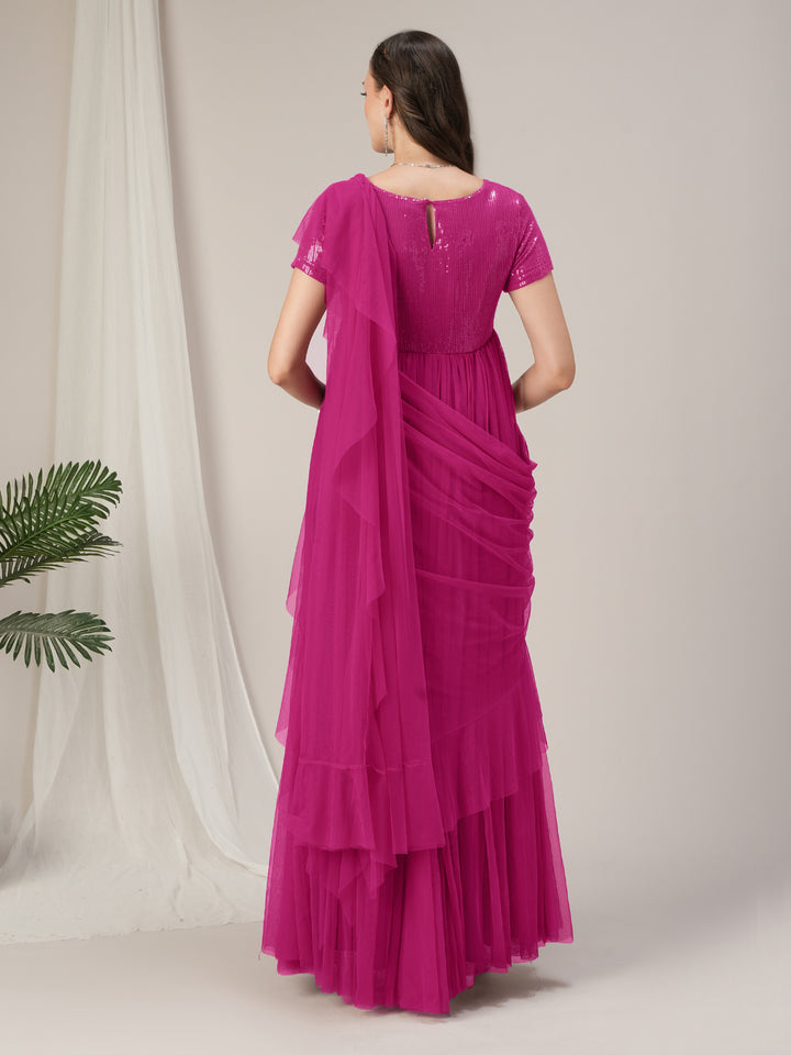 Pink Ruffled Maternity Pre Drapred Saree Gown